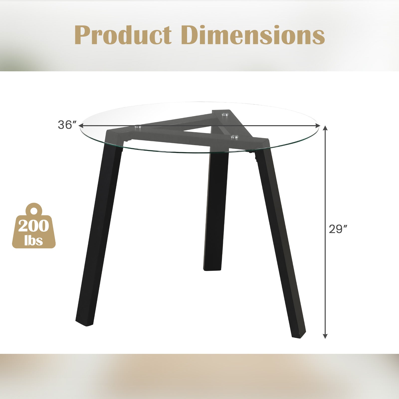 36 Inches Round Glass Dining Table for 4 with Rubber Wood Frame
