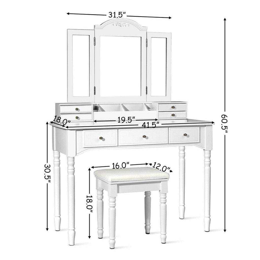 Makeup Dressing Table with Tri-Folding Mirror and Cushioned Stool for Women