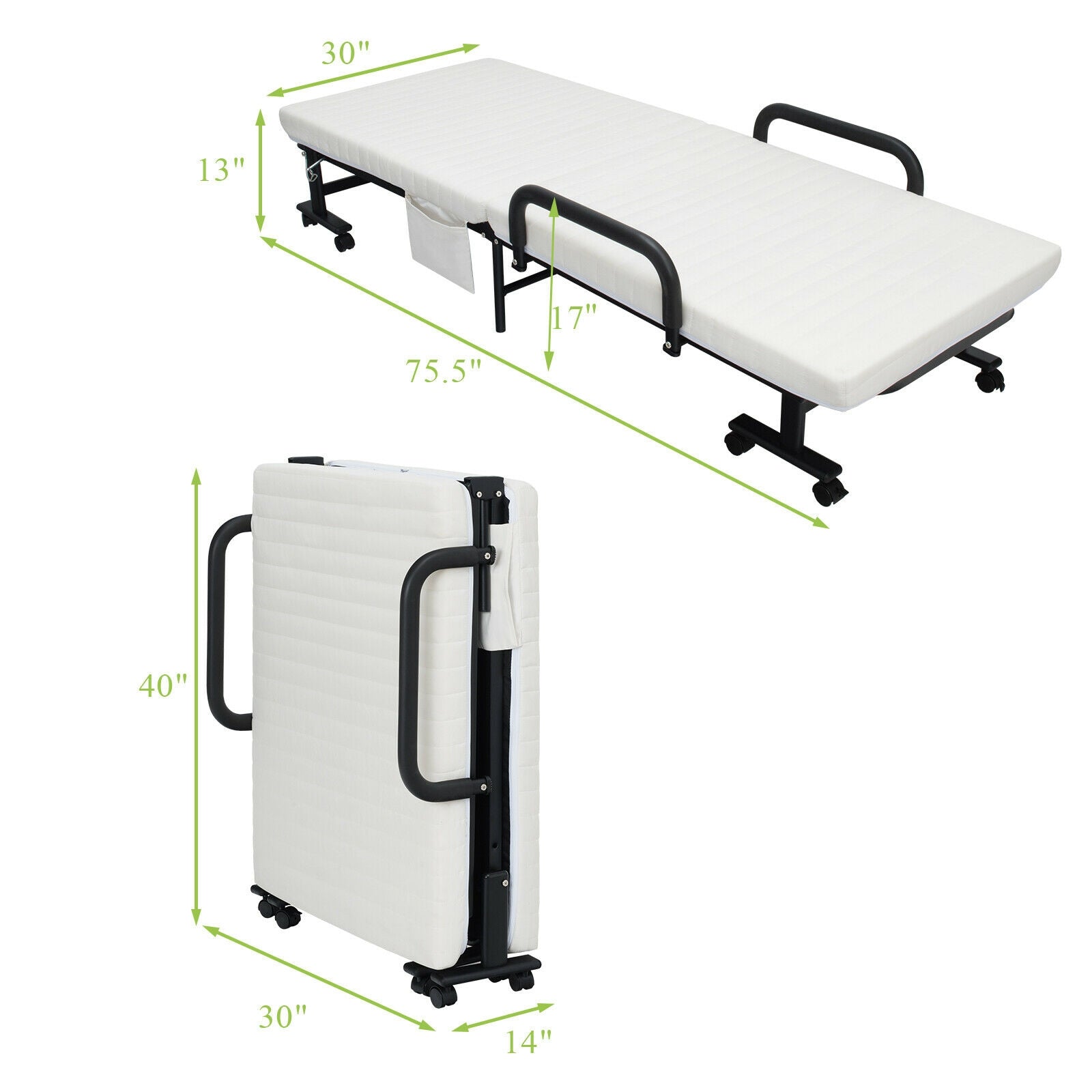 Adjustable Folding Guest Bed Frame with Mattress and Wheels
