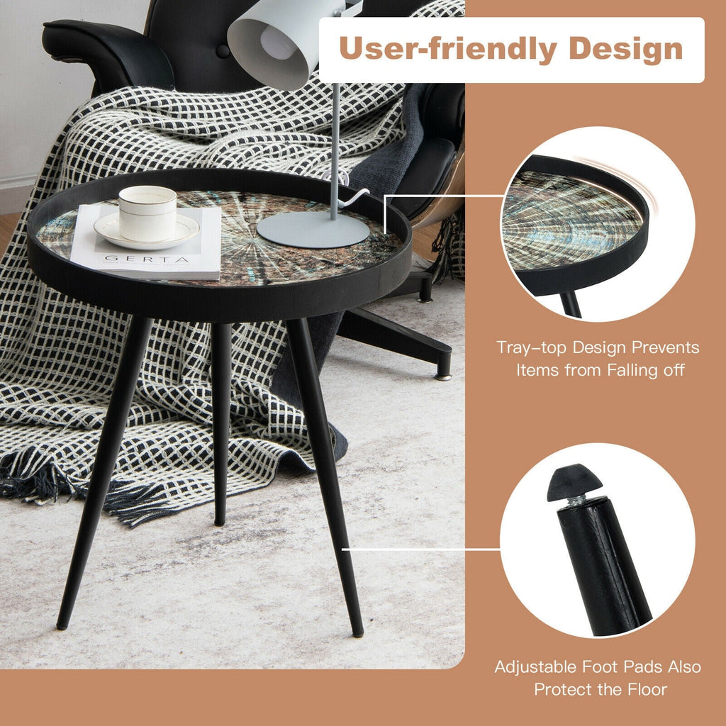 Modern Round End Table with Wooden Tray Top for Living Room Bedroom-Black