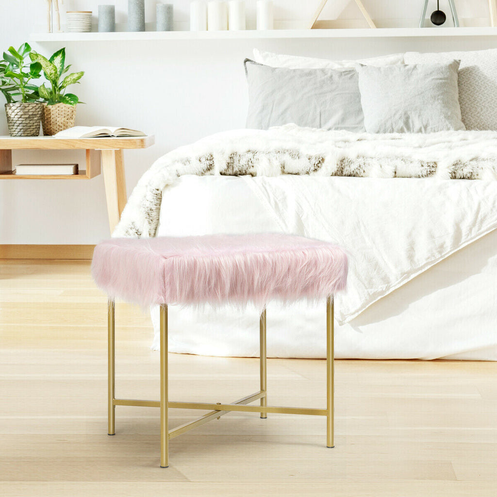 Faux Fur Ottoman Decorative Stool with Metal Legs