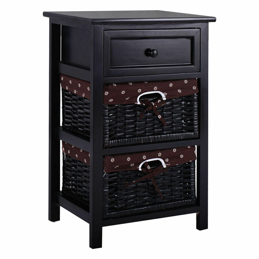 3 Tier Set of 2 Wood Nightstand with 1 and 2 Drawer