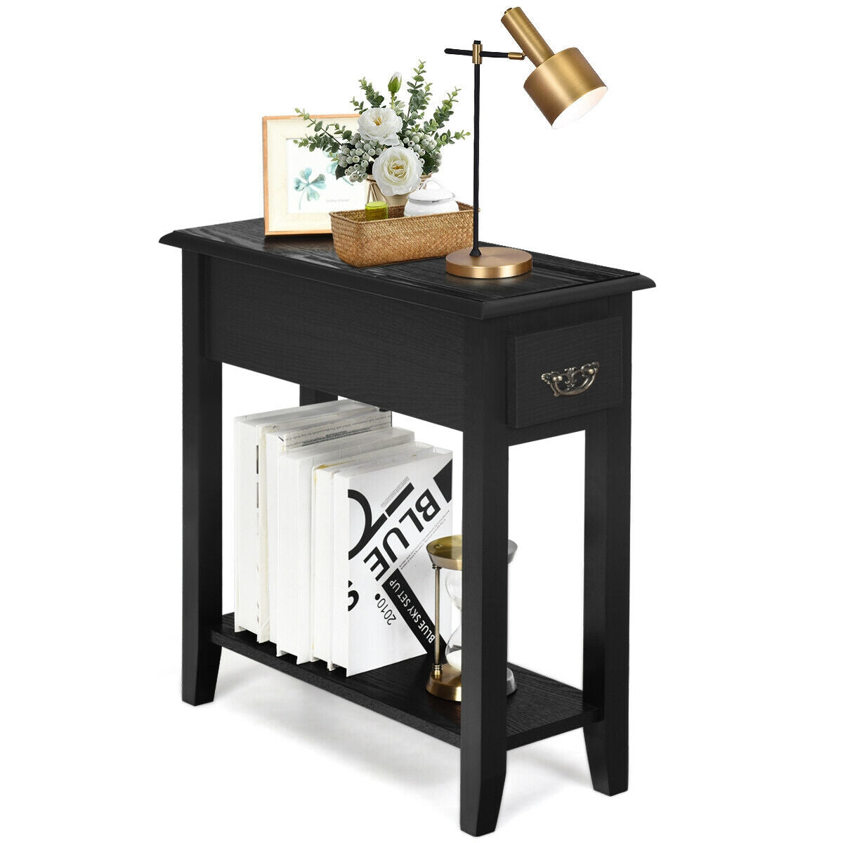2 Pieces 2 Tier Sofa Side End Table with Drawer and Open Shelf
