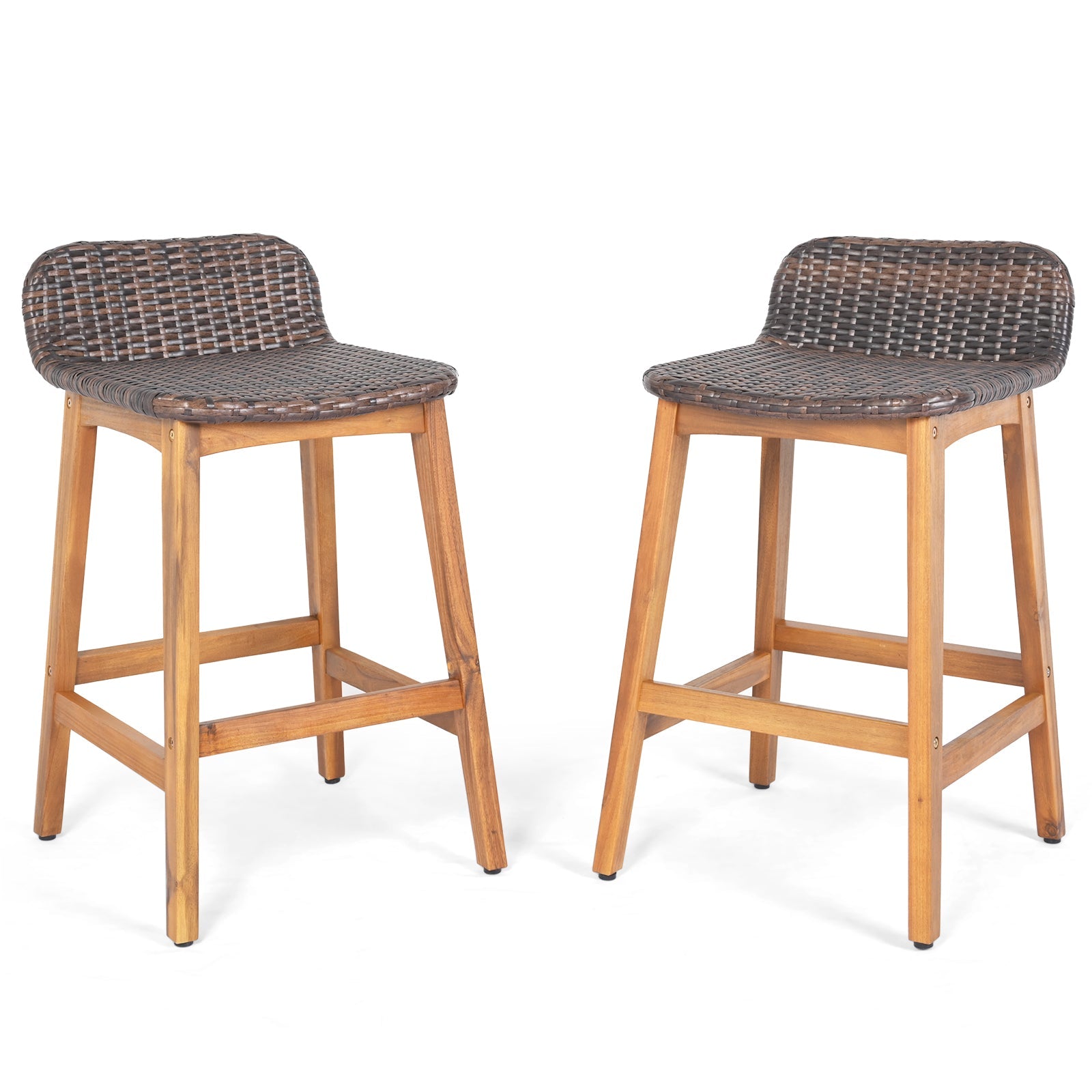 Solid Acacia Wood Bar Stools Set of 2 with Backrests and Footrests for Porch