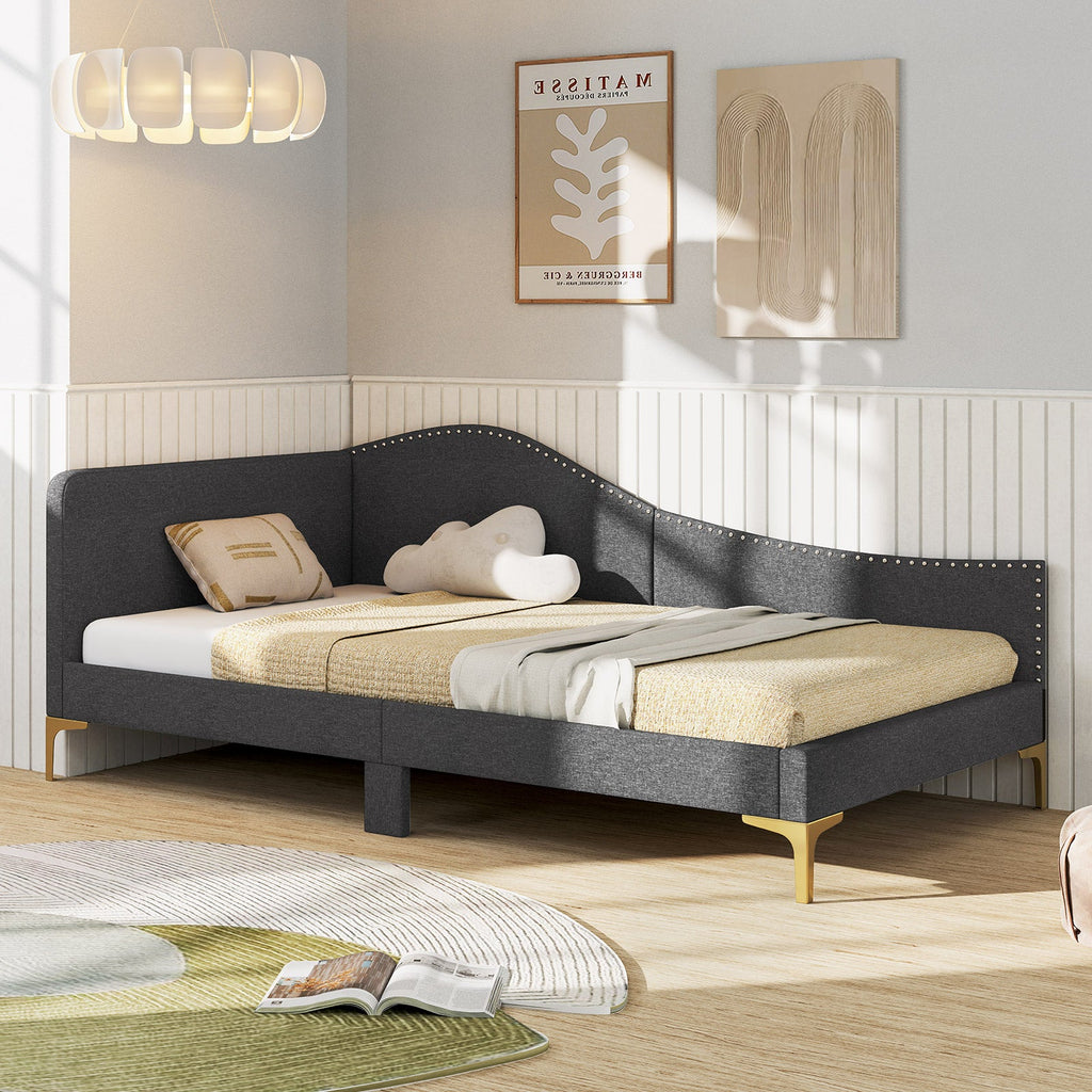 Full/Twin Size Rivet-Tufted Platform Bed with Metal Legs and Wood Slats