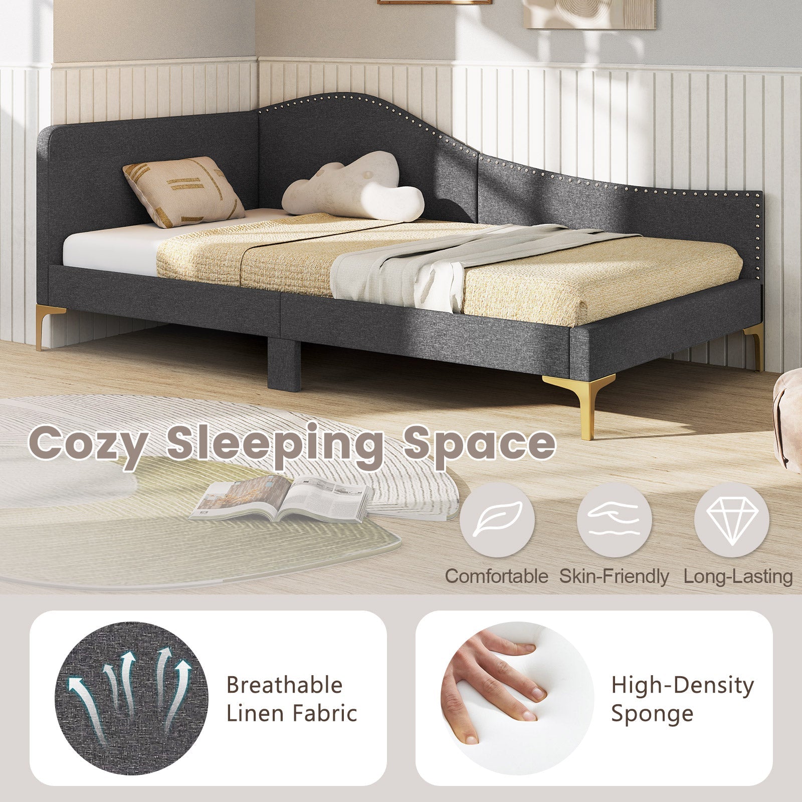 Full/Twin Size Rivet-Tufted Platform Bed with Metal Legs and Wood Slats