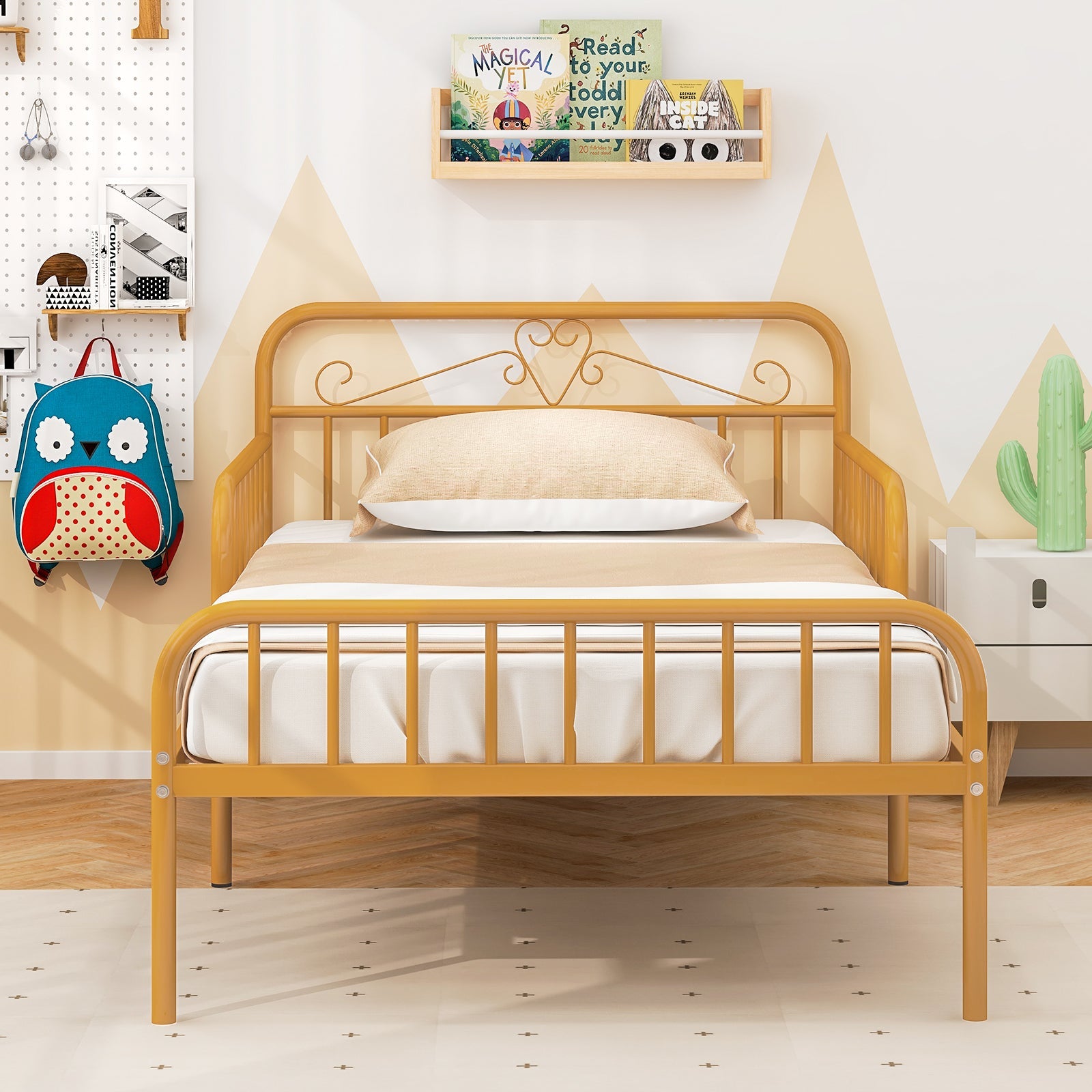 Twin Size Bed Frame with Headboard and Safety Side Guardrails