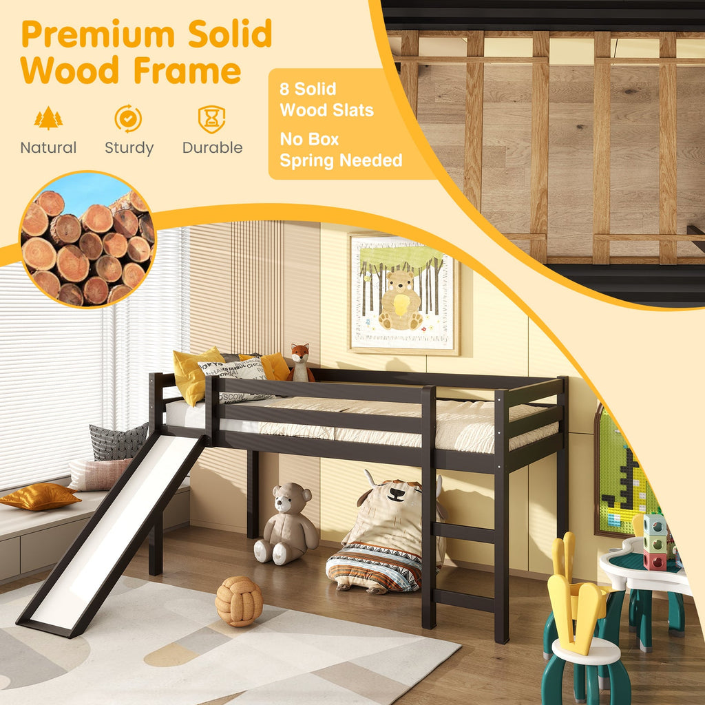 Twin Size Low Sturdy Loft Bed with Slide Wood