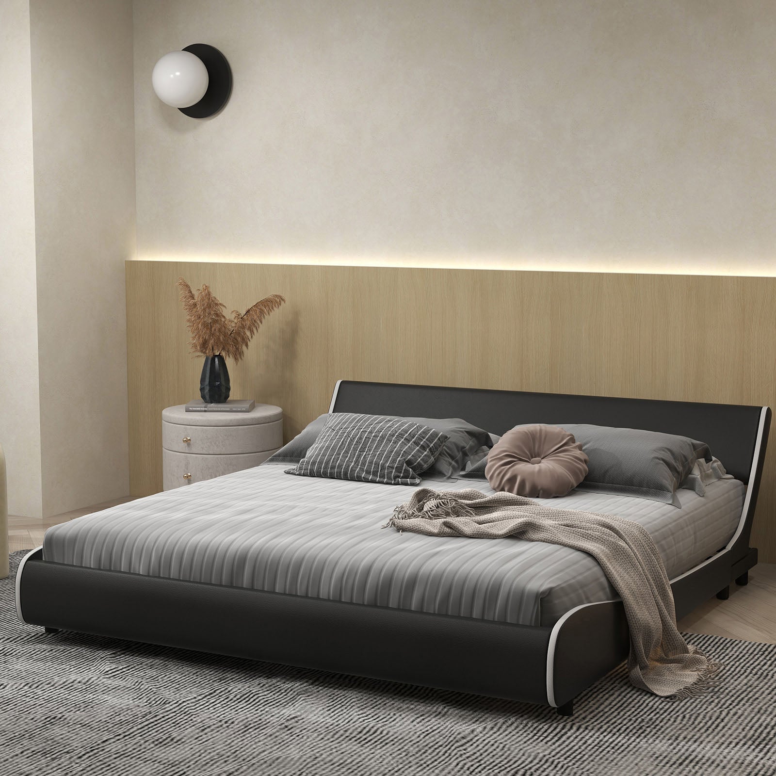 Upholstered Platform Bed Frame Low Profile Faux Leather with Curved Headboard