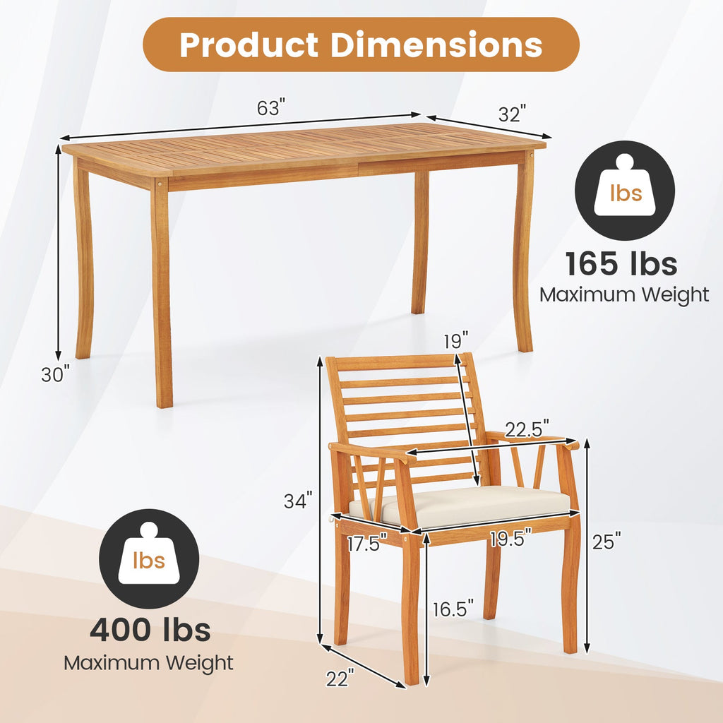 7 Pieces Acacia Wood Patio Dining Set with 1.97 Inch Umbrella Hole and Padded Cushions