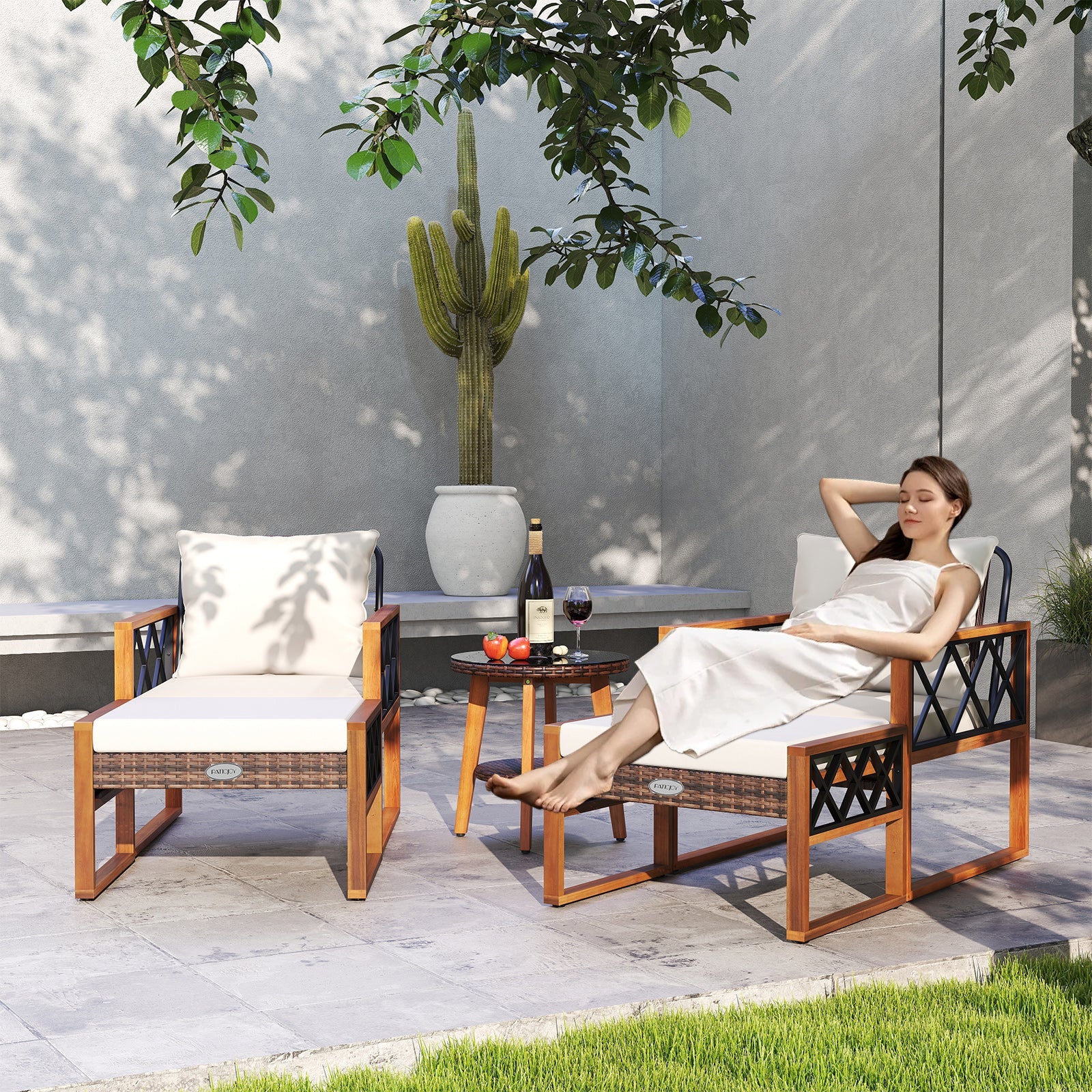 5 Pieces Patio Furniture Set PE Rattan Outdoor Conversation Set with Acacia Wood