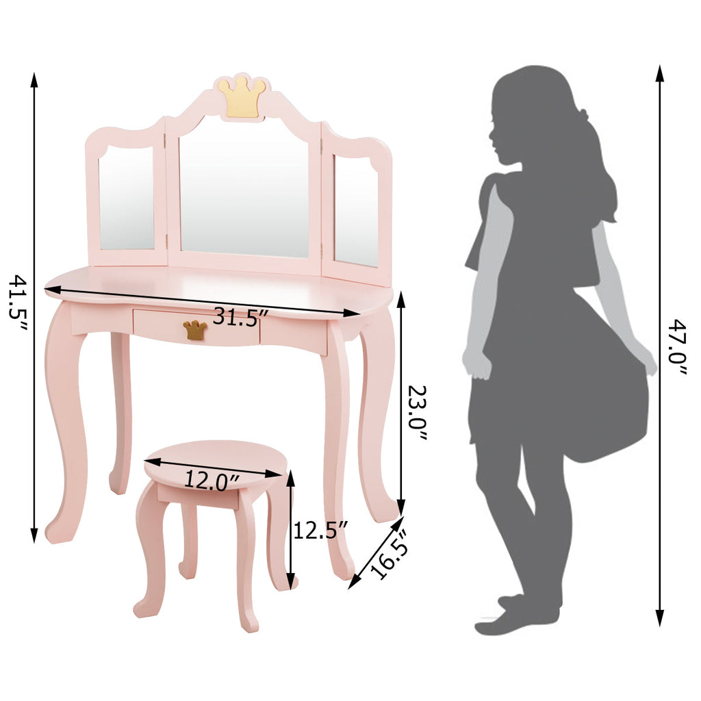 Kids Vanity Set + Kids Jewelry Armoire with Full-Length Mirror with Drawer