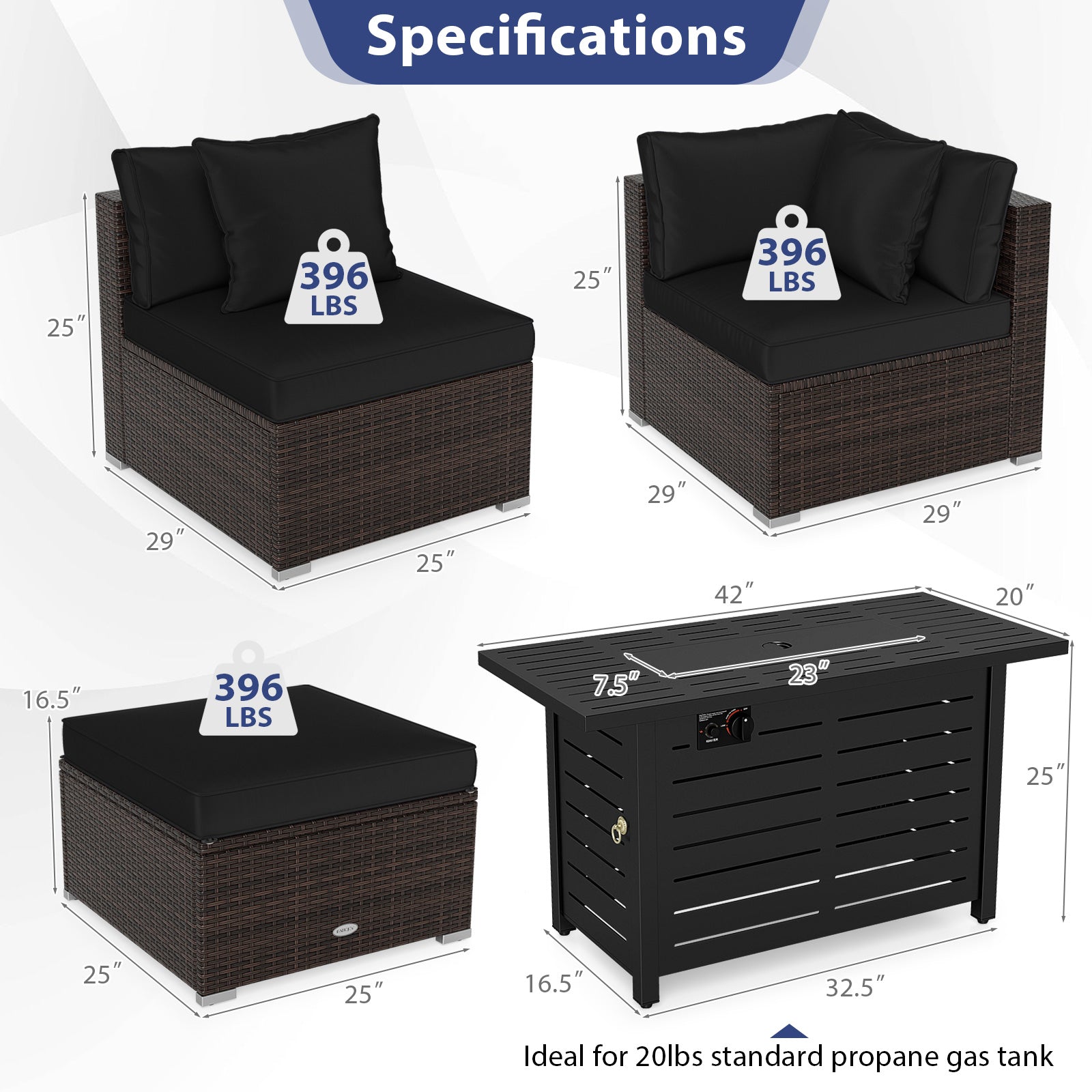 Heavy-duty Frame Rattan Sofa Set with 60000 BTU Firepit Table