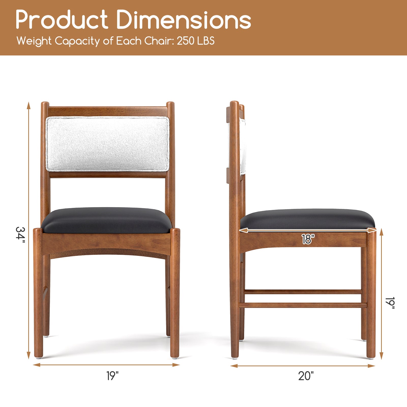 Wooden Dining Chair Set of 2 with Rubber Wood Frame and Faux Sherpa Backrest-Walnut