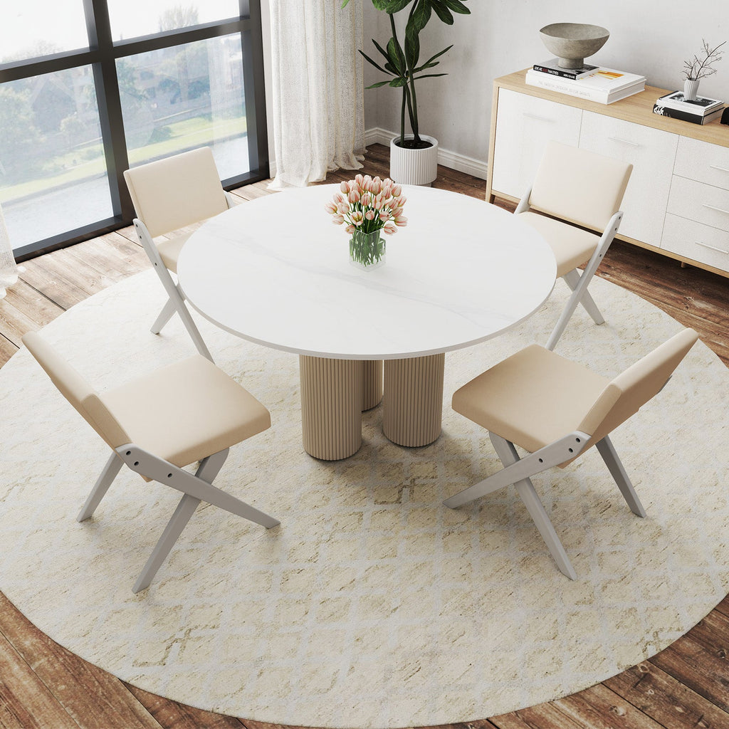 Wooden Dining Chairs of 2 with Rubber Wood Frame and Padded Cushions-White